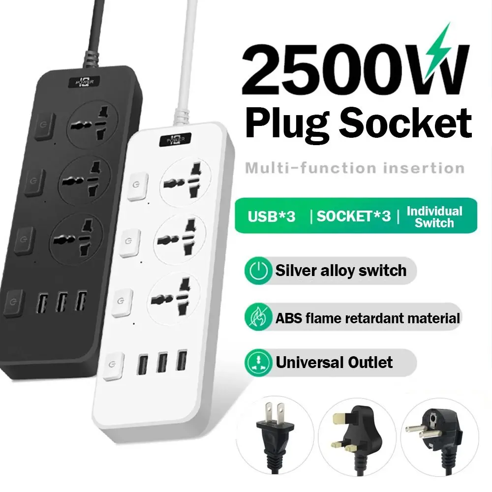 Universal Electric Plug Socket US UK EU Plug 3 USB Ports Flat Outlet Extender Cord Independent switch control 3 Outlet