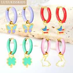 LUXUKISSKIDS 2pcs Huggie Earring Dripping Oil Round Hoops Pendients Stainless Steel Cute Butterfly Small Star/Clover Charm Drops