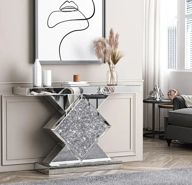 Exquisite Diamond-shaped Design Smart Side Table Crystal Glass Mirrored End Table Modern Contemporary