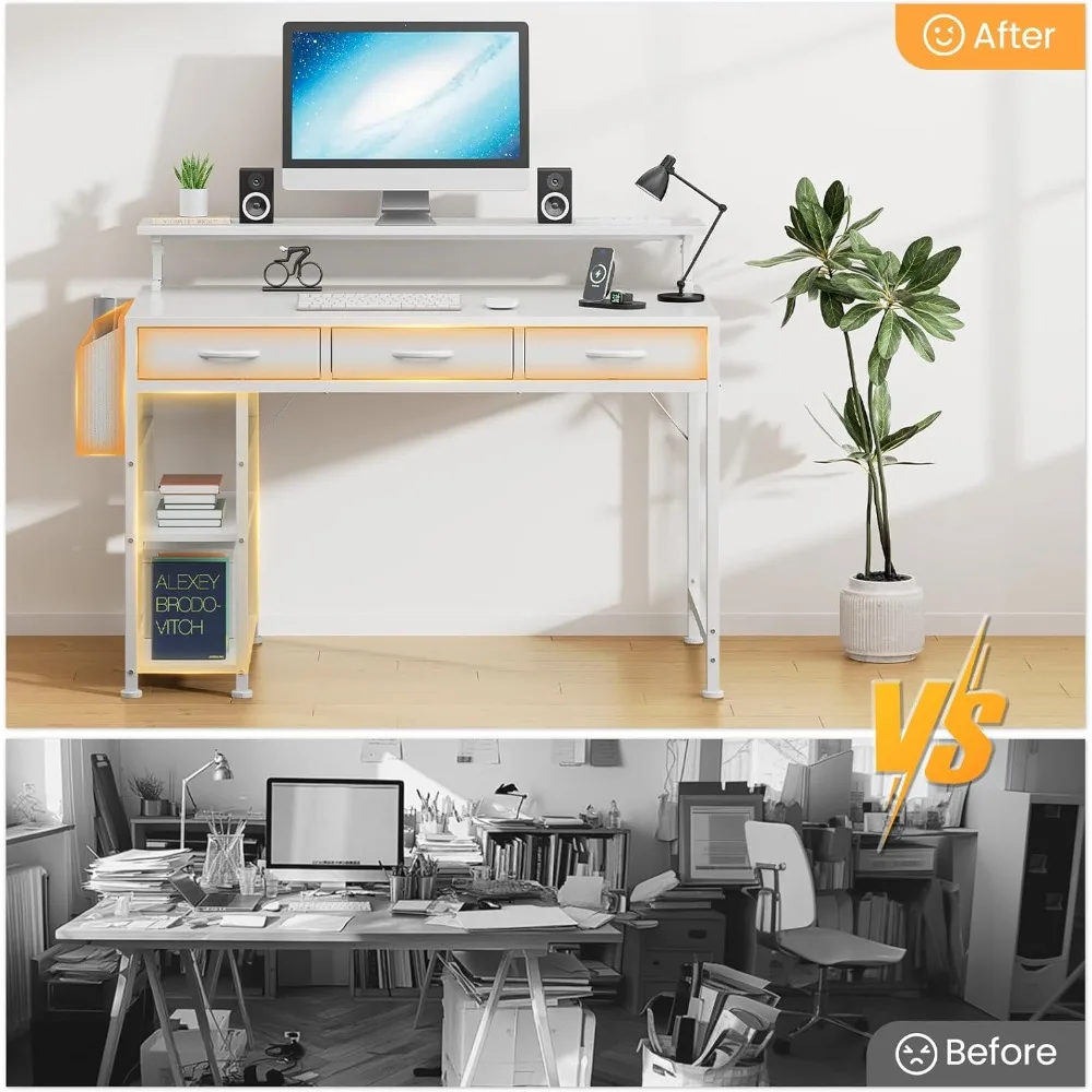 47 Inch Computer Desk with 3 Drawers, Gaming Desk with LED Lights and Adjustable Monitor Stand, Work from Home, Modern Work/Writ