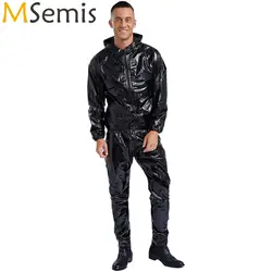 Unisex Womens Mens PVC Sauna Sweat Suit Exercise Workout Outfit Long Sleeve Zipper Drawstring Hooded Jacket Tops with Pants