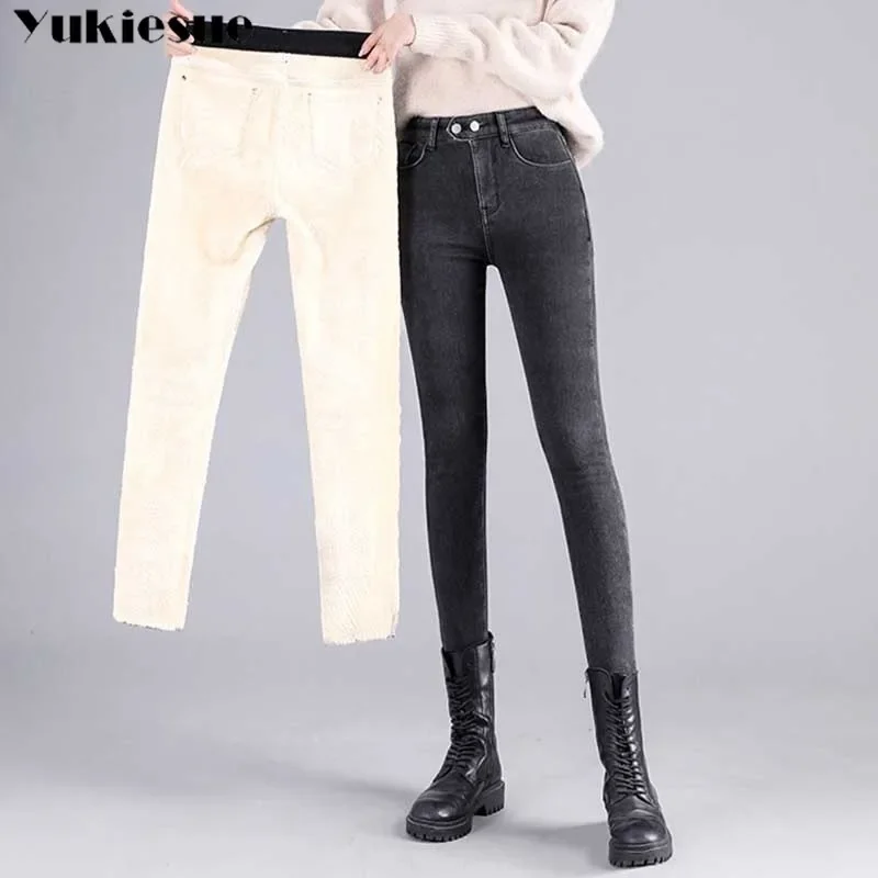 Thicken Slim Denim Pants Women's Skinny Pencil Vintage Leggings Trousers Streetwear High Waist Plush Lined Jeans 2025 Winter
