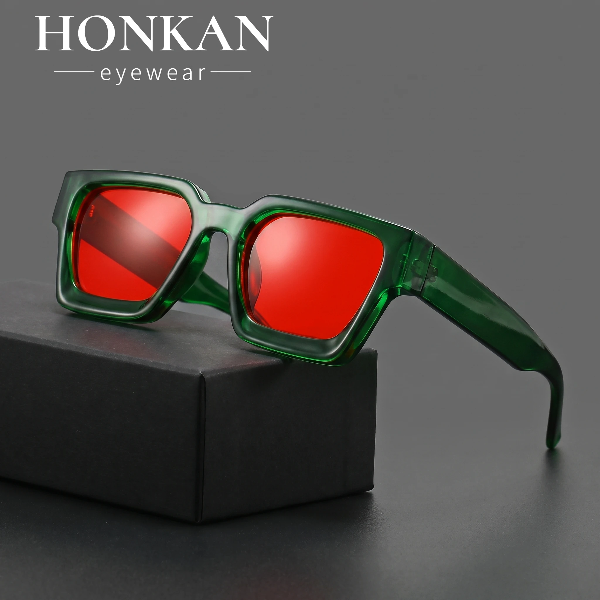 Vintage Chunky Square Sunglasses Men Women Y2K Thick Frame Sun Glasses Fashion Driving Shades UV400 Eyeglasses Outdoor Red Lens