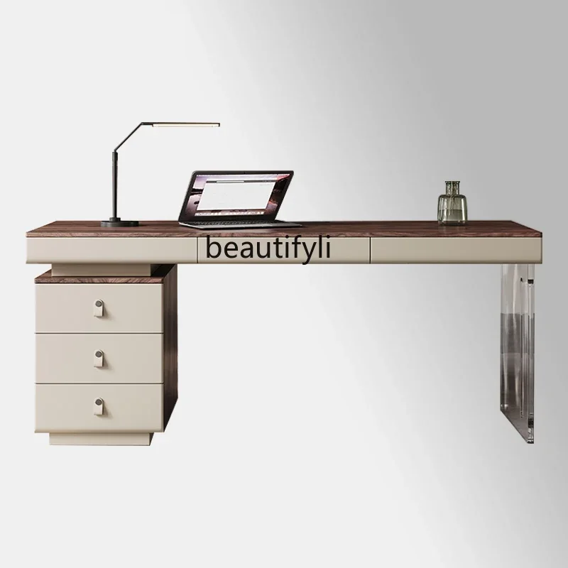 

Minimalist walnut color desk Italian light luxury with sub-cabinet computer desk retro multi-drawer desk
