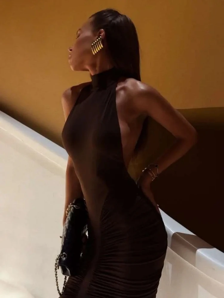 XIAOTANG タートルネック背中の開いたシャーリングセクシーなマキシドレス女性ブラウンオフショルダー背中の開いたボディコンクラブパーティーロングドレス女性