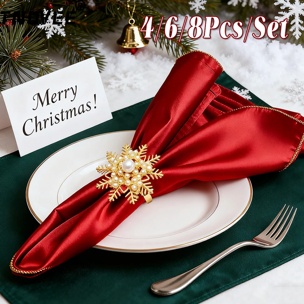 4/6/8Pcs Christmas Snowflake Napkin Rings Pearl Metal Napkin Ring Holder for Xmas Table Setting Winter Wedding Decor New Year