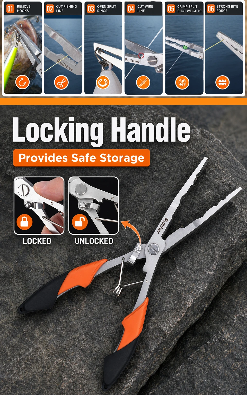 Pullther Fishing Pliers Stainless Steel Multifunctional Braid Line Scissors Crimper Hook Remover Fishing Tackle Tool
