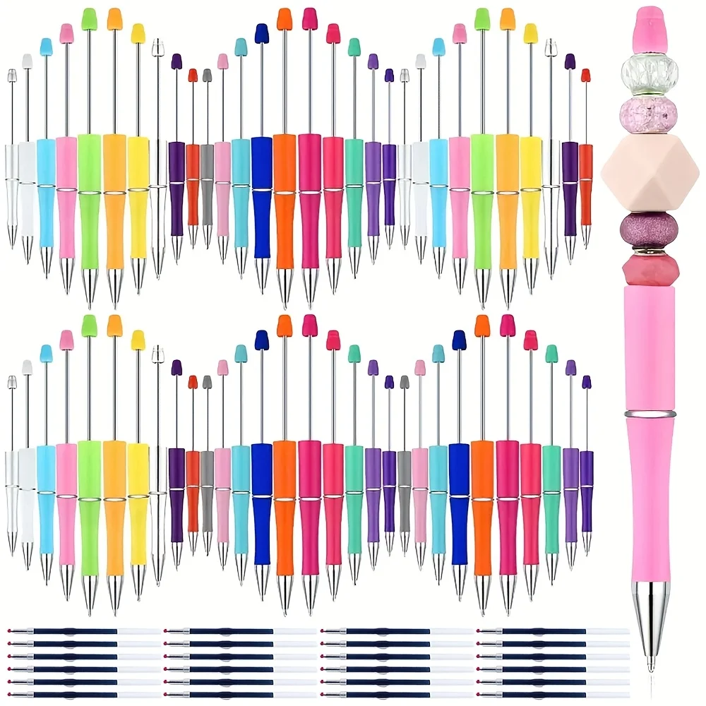 100本のプラスチックビーズペン、リフィル付き、DIYビーズペンキット、オフィス職場用品に最適