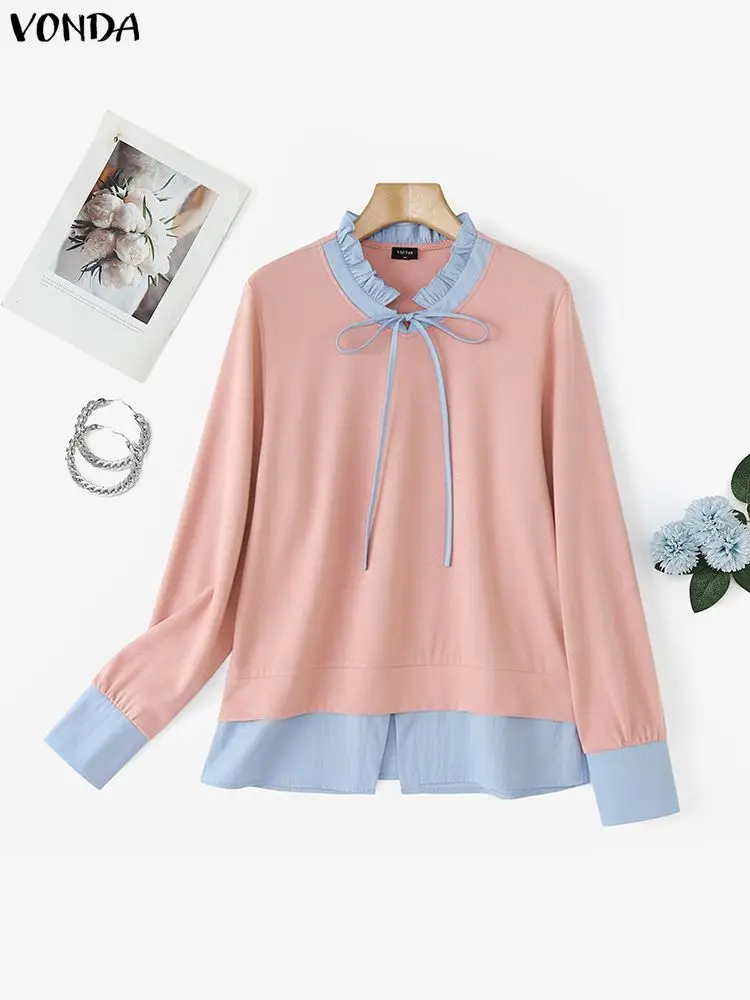 

VONDA Elegant Women Fashion Tops Office Blouse Shirts Color Patchwork Casual Tunic Bandage Spring Long Sleeve Blusas Femininas
