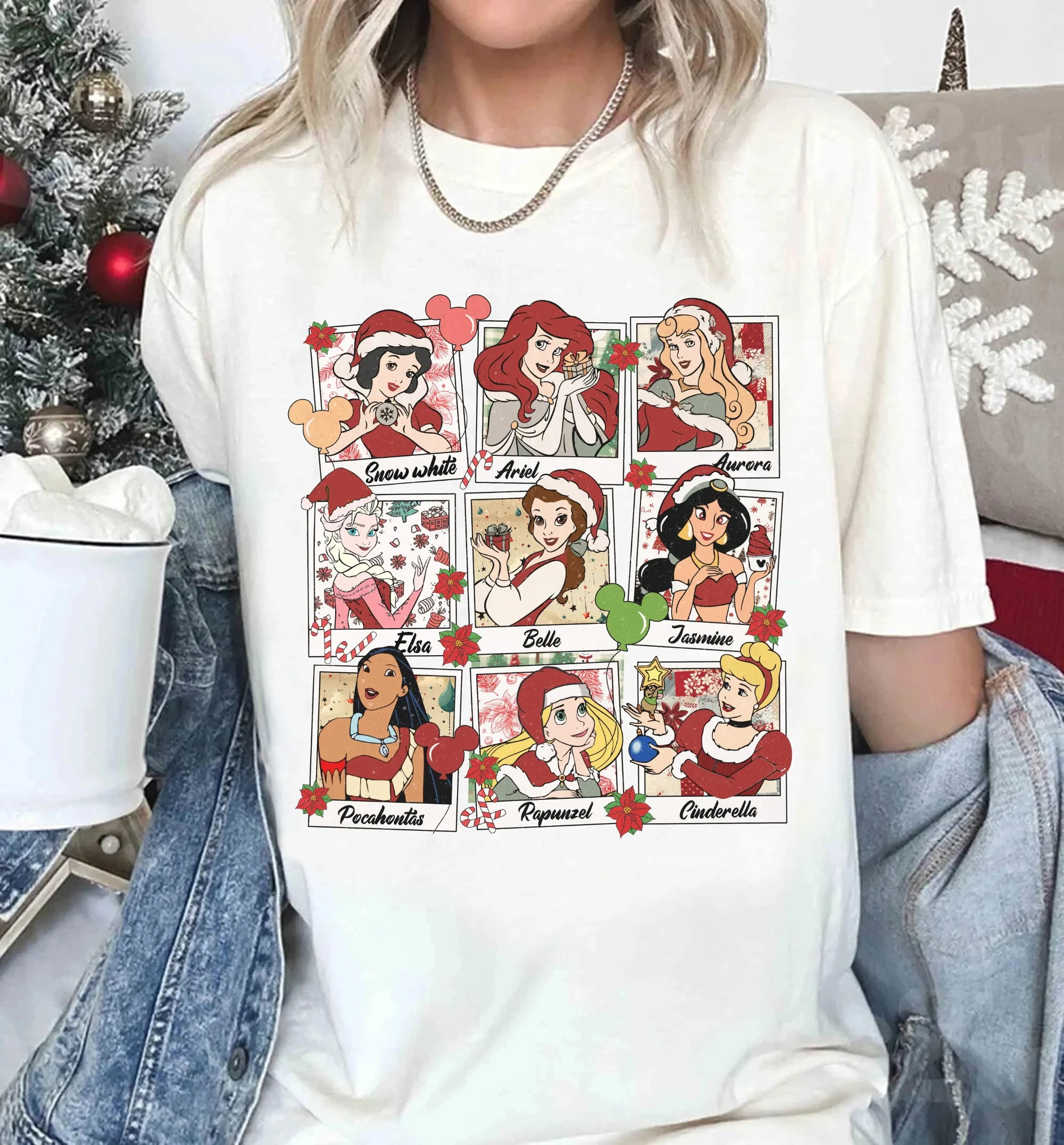 قمصان أزياء أميرات ديزني لعيد الميلاد، سانتا، سنو وايت أرييل أورورا بيل سندريلا ديزني لاند قمصان متطابقة لعيد الميلاد #6