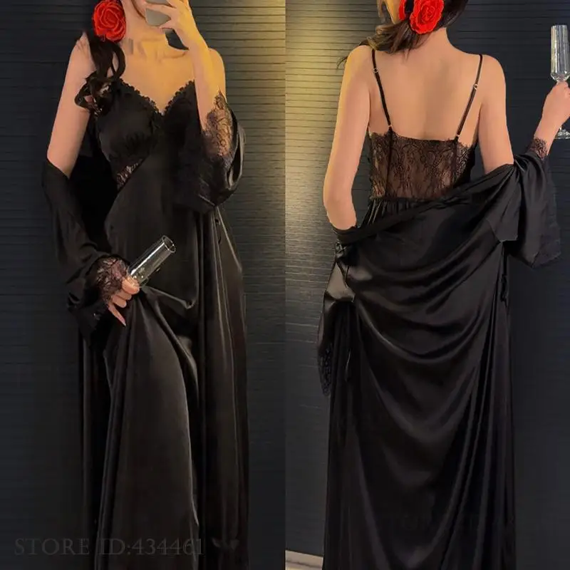 

Female Long Twinset Robe Set Elegant Silk Satin Sleepwear Pajama Spring Summer Night Wear Nightgown Loose Home Dress Loungewear