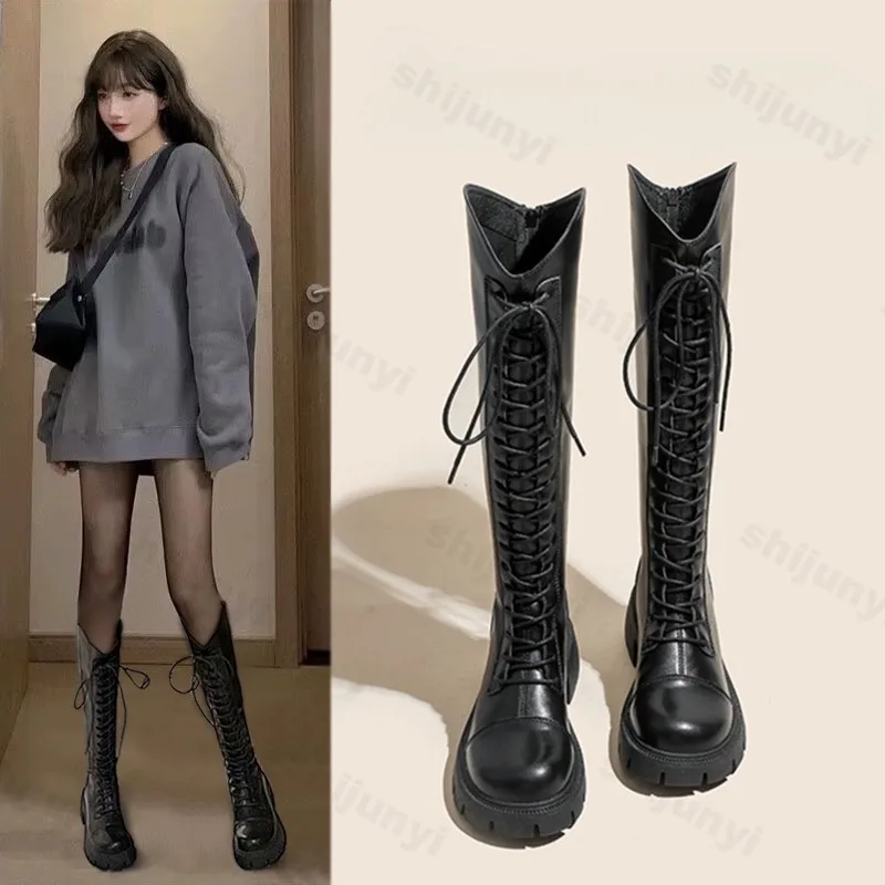 Женские сапоги челси до колена на массивном среднем каблуке, осень 202, дизайнерские гладиатусы на шнуровке, удобные уличные рыцарские ботинки Botas Mujer