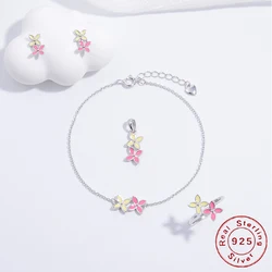 S925 Sterling silver Peach Heart Rose Four-leaf clover Pendant Necklace Earring Bracelet Ring Set for Women Jewelry Gift ST1