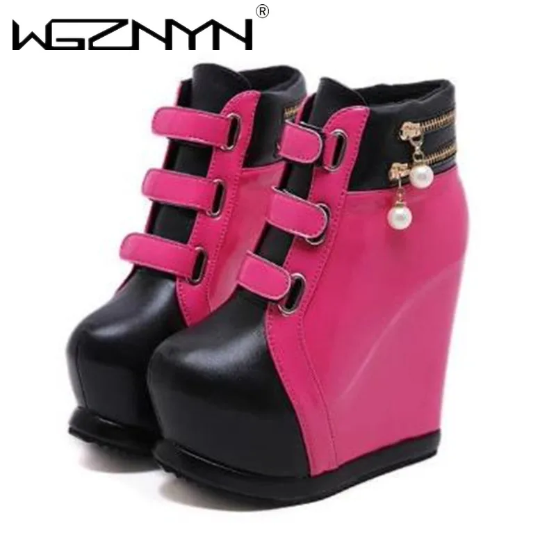 Luxury Wedges Shoes for Women Ankle Boots Mujer Thick Bottom Pearl Sexy High Slope Aurumn Winter Shoe Ladies Platform High Heels