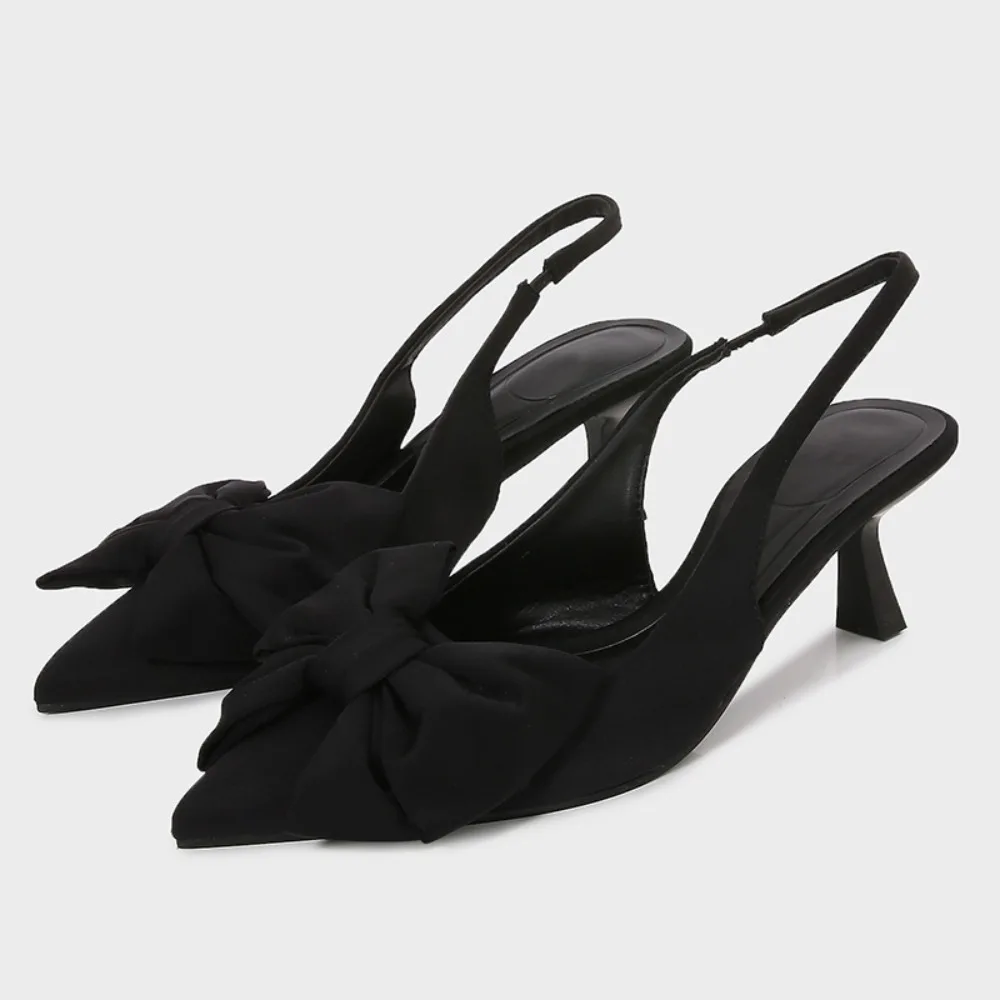 

Spring New Women's Black Bow French Elegant Open-Back High Heel Pointed-Toe Thin-Heel Sandals
