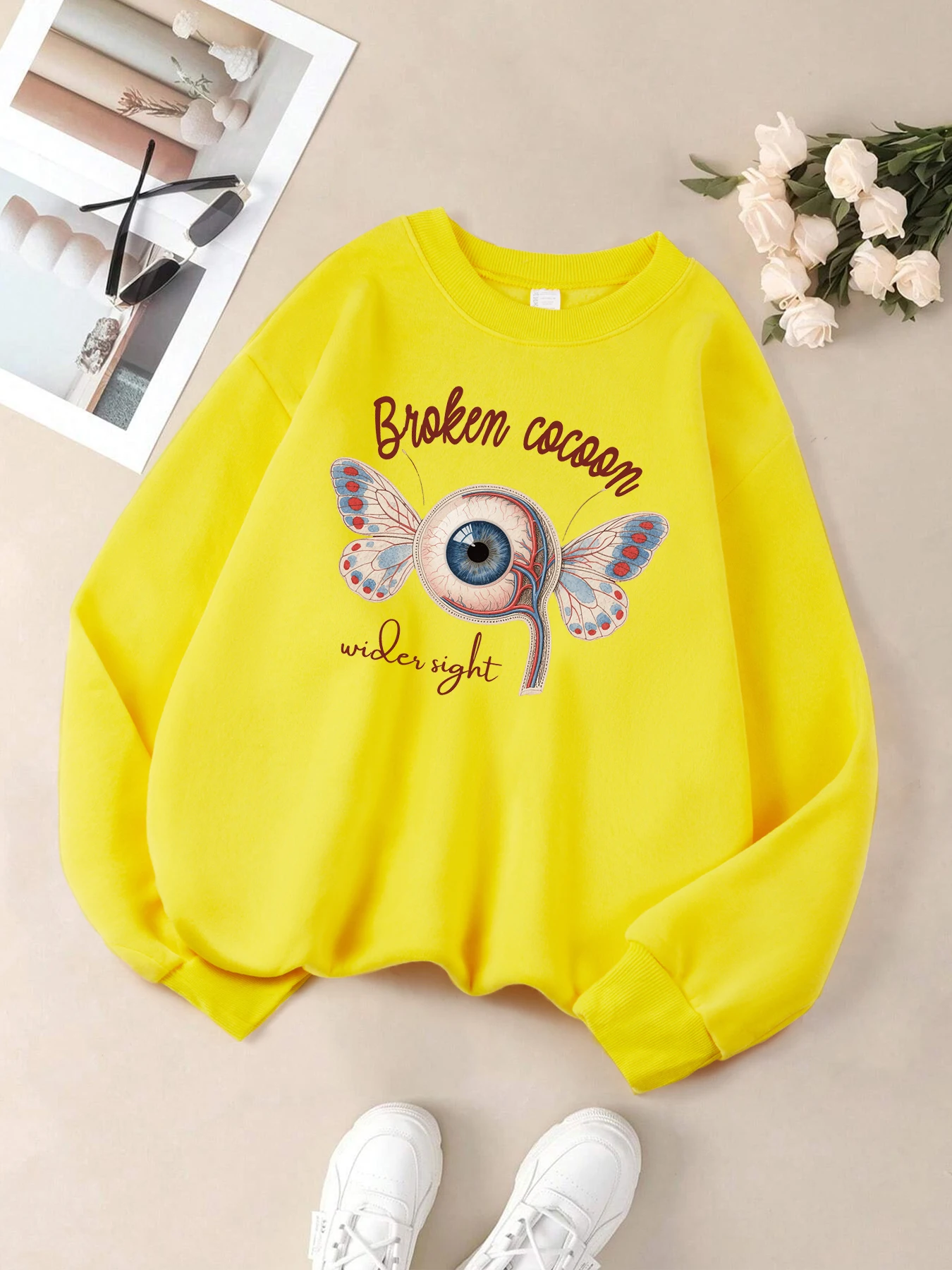 눈이있는 크리 에이 티브 깨진 코쿤 인쇄 의류 여성 가을 ​​캐주얼 여성 탑 소프트 스포츠 스웨터 편안한 Y2K 스웨트