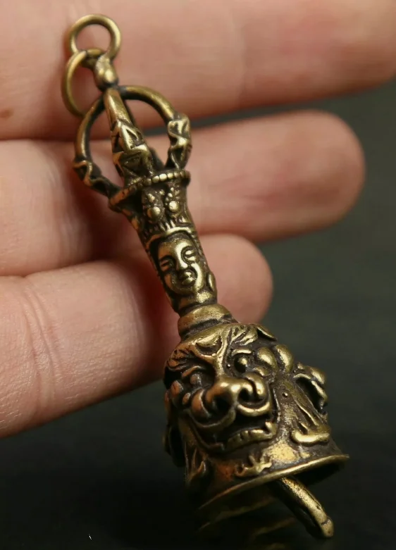 56MM Small Curio Chinese Buddhism Bronze Buddha Head Kylin Chi-lin Qilin statue
