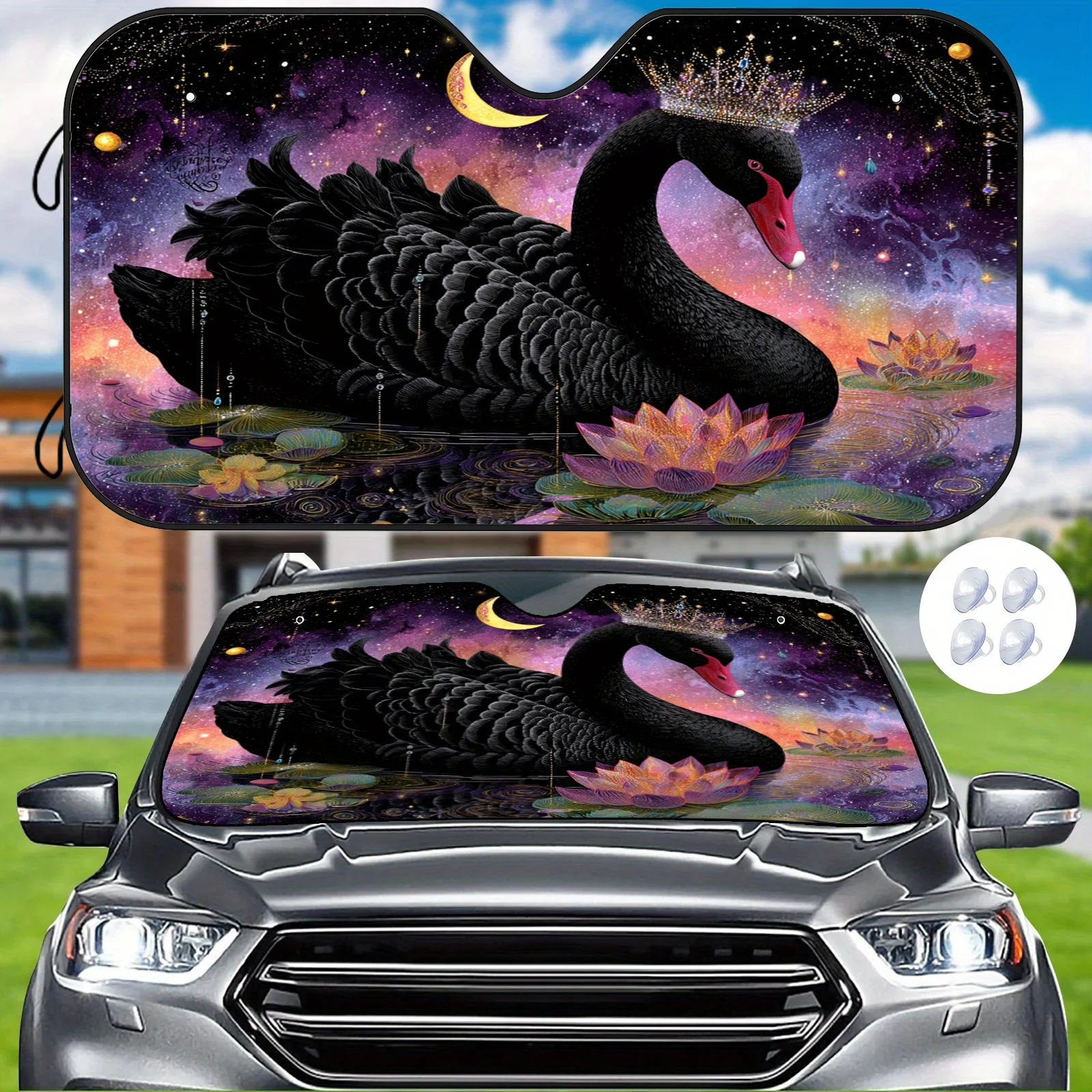 Starry Sky Black Swan Car Sunshade, Dreamy Cosmic For Background, Heat-Insulating And Durable, Comes With 4 Suction Cups To Bala