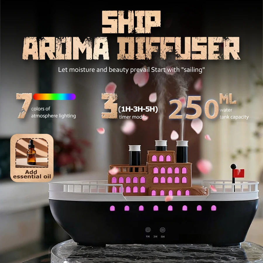 

2026 Vintage Ship Humidifier, Boat Shape Essential Oil Diffuser, Colorful Flame Night Light, Quiet Fine Mist, 3 Timers