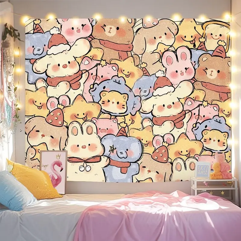 VIKAMA Butter Toast Cat Tapestry Wall Art for Bedroom Living Room Decoration Cute Coffee Bread Cartoon Cat Milk Yellow Warm