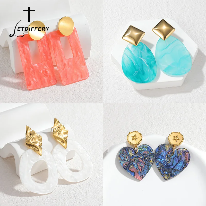 Letdiffery New Colorful Acrylic Exaggerate Dangle Earrings Stainless Steel Irregular Heart Round Rectangle Stud Earring Jewelry