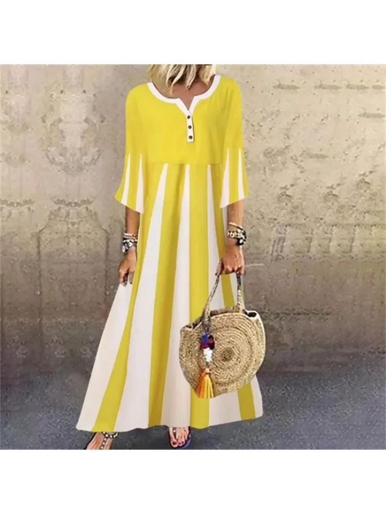 Summer Women\'s Heart-shaped Collar and Loose Button Loose Casual Long Dress  Mid Sleeve Striped Printed Long Dress