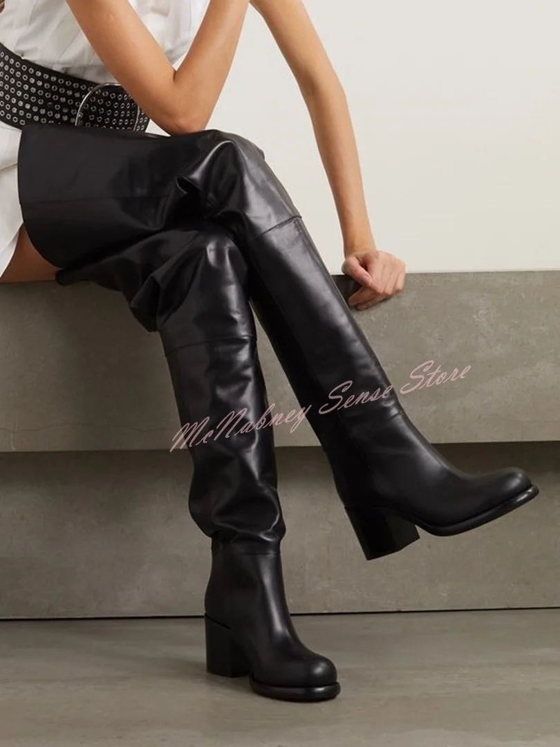 

Cow Leather Thigh High Boots Round Toe Chunky High Heels Solid Slip On New Designer Long Boots Women Sexy Shoes Winter Party