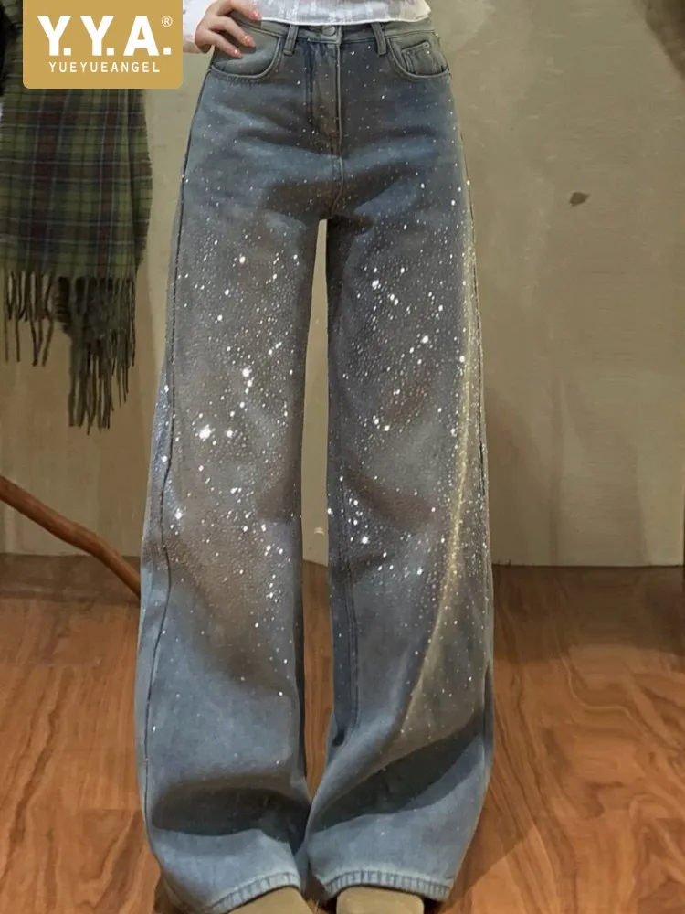 

Женские джинсы с высокой талией и широкими штанинами, на пуговицах, с карманами, комфортные, высокого качества, однотонные, с кристаллами