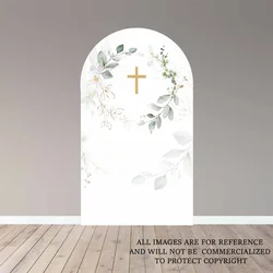 Mehofond God Bless Arched Backdrop Baby Baptism Gold Cross Watercolor Painted Floral Birthday Party Green Leaves Decorations