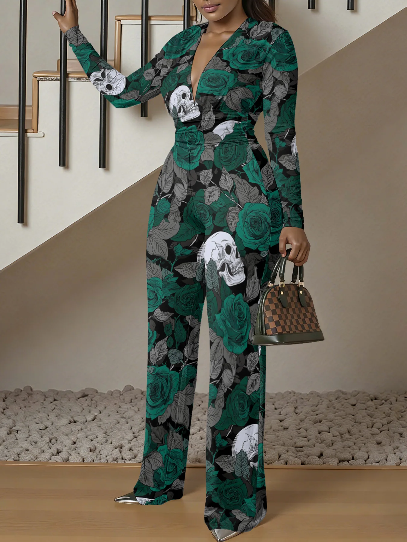 Macacão justo de manga comprida com decote em V, ideal para o outono, feminino, elástico, peça única, para a primavera, roupa de rua de luxo, para fes
