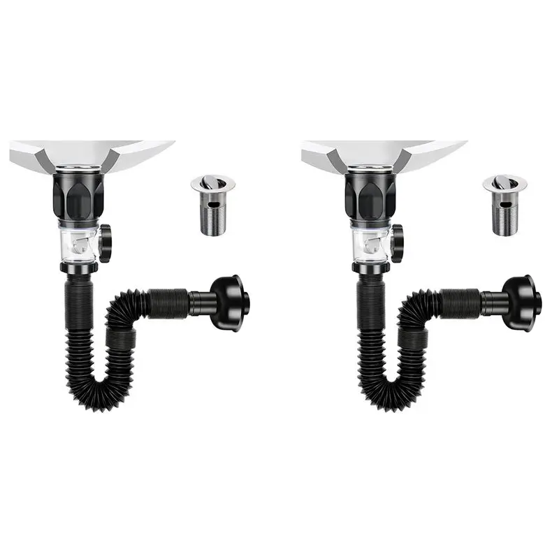 AFOURT-2X Bathroom Sink Drain Kit With Flexible Expandable P-Trap Sink Drain Pipe Tube Anti-Odor Bathroom Sink Drain Pipe