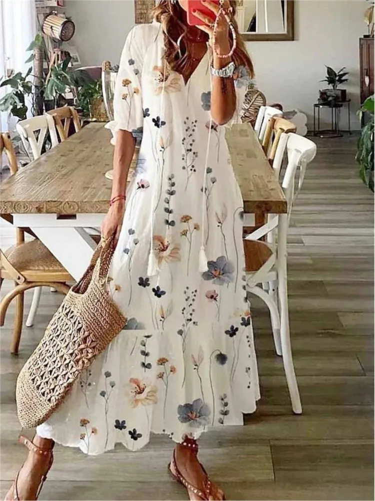 Women\'s 2024 Spring Summer New Casual Sweet Loose Sexy V-neck Fashion Printed Hanging Beard Middle Sleeve Long Dress For Women