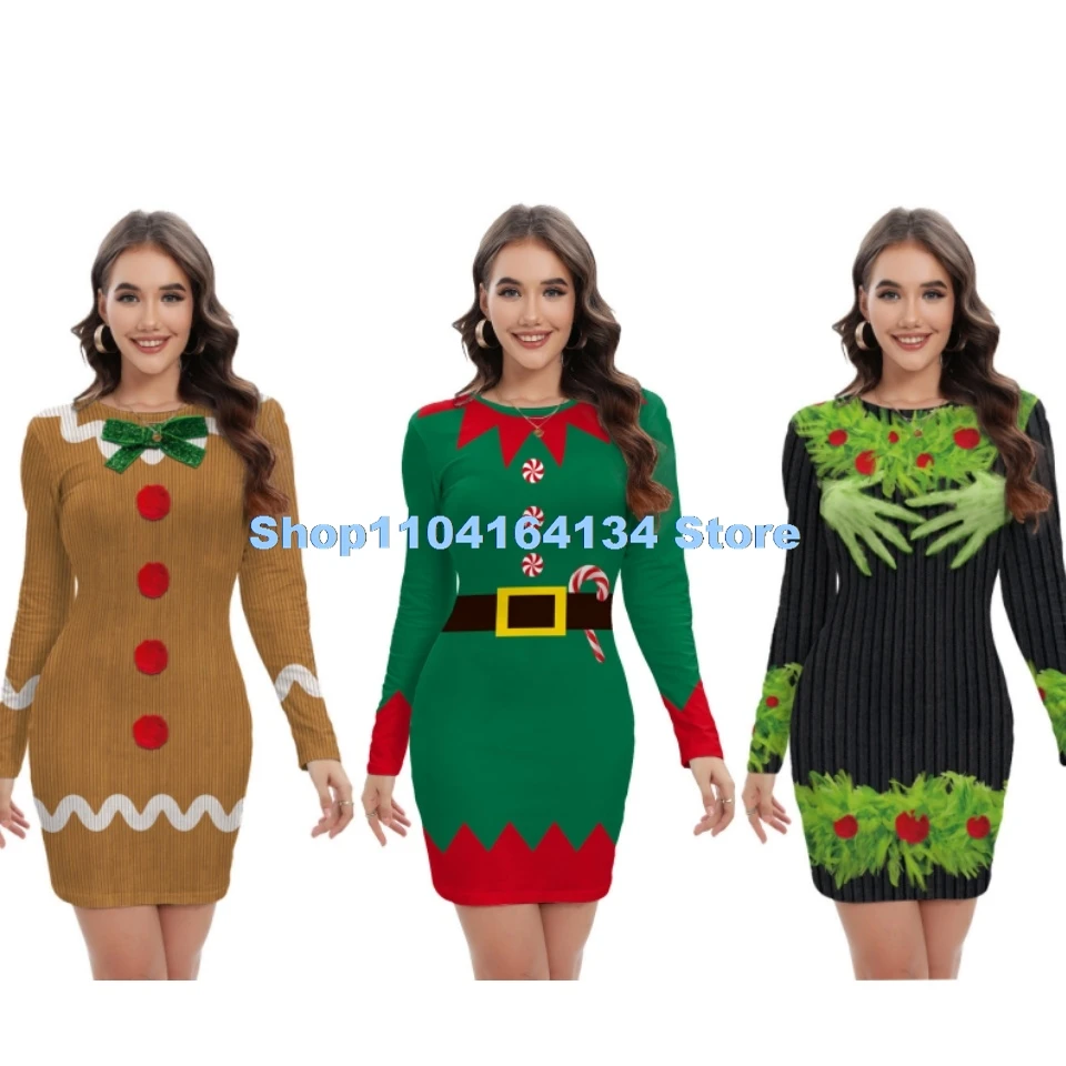 cosplay Xmas Party Christmas Women's Elf Sweater Stripe Printed Dress Long-sleeved Party Performance Cosplay Costumes women