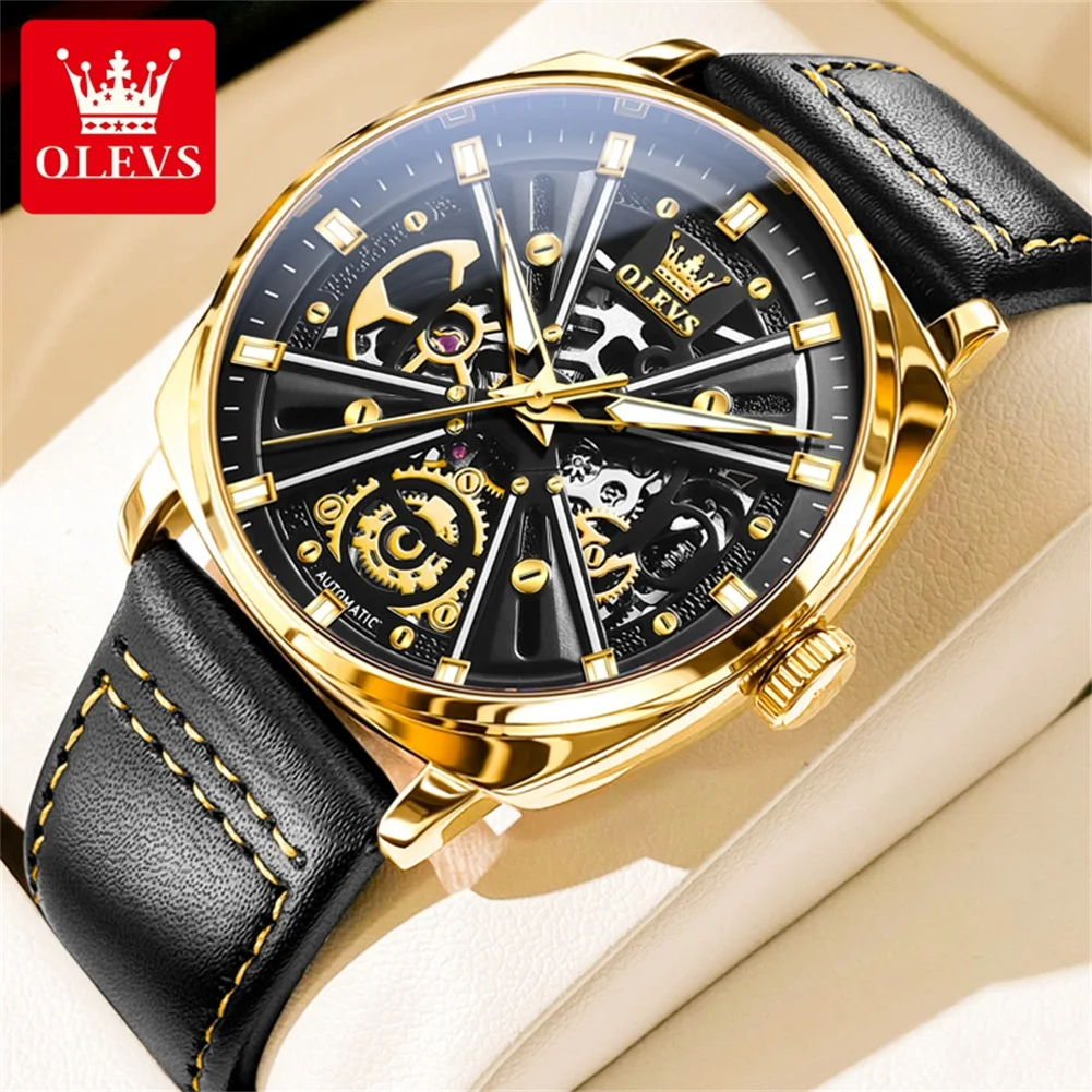 

OLEVS 6685 Luxury Automatic Dress Wristwatch Hollow Skeleton Mechanical Watch For Men Waterproof Luminous Leather Man Watch 2024