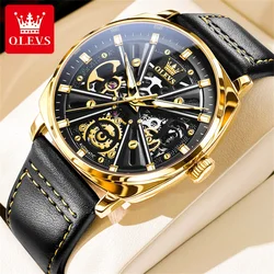 OLEVS 6685 Luxury Automatic Dress Wristwatch Hollow Skeleton Mechanical Watch For Men Waterproof Luminous Leather Man Watch 2024