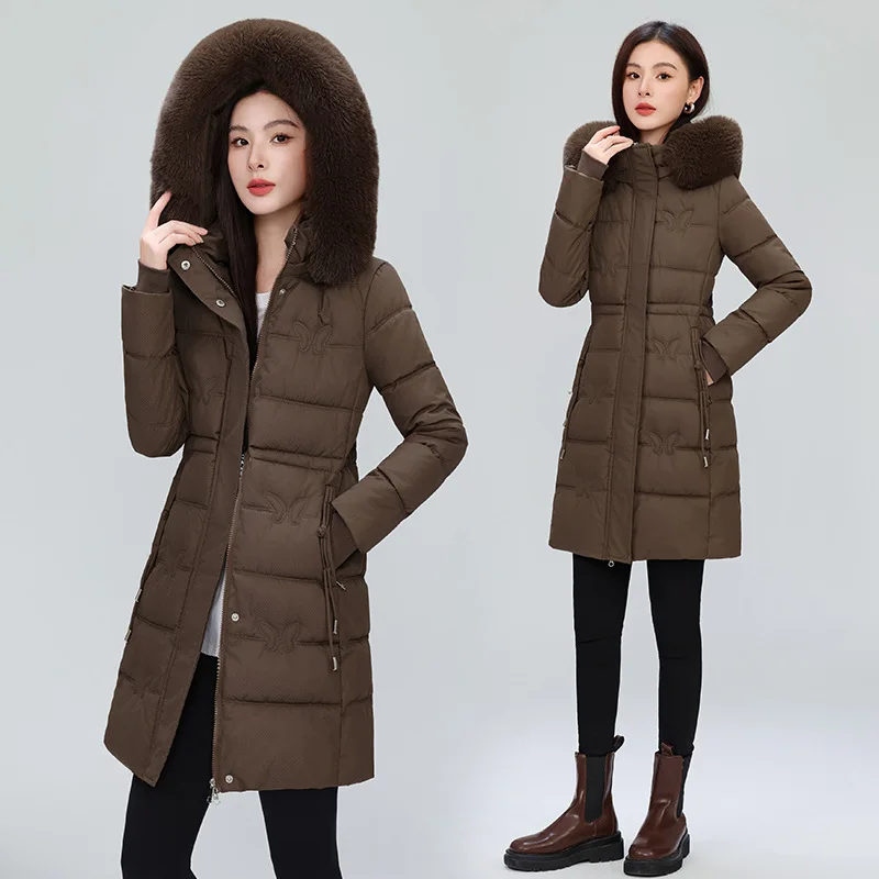 Butterfly Pattern Mid-Long Parkas Women Winter Warm Furry Collar Hooded Parka Jacket Woman Slim Fit Thicken Parkas Female