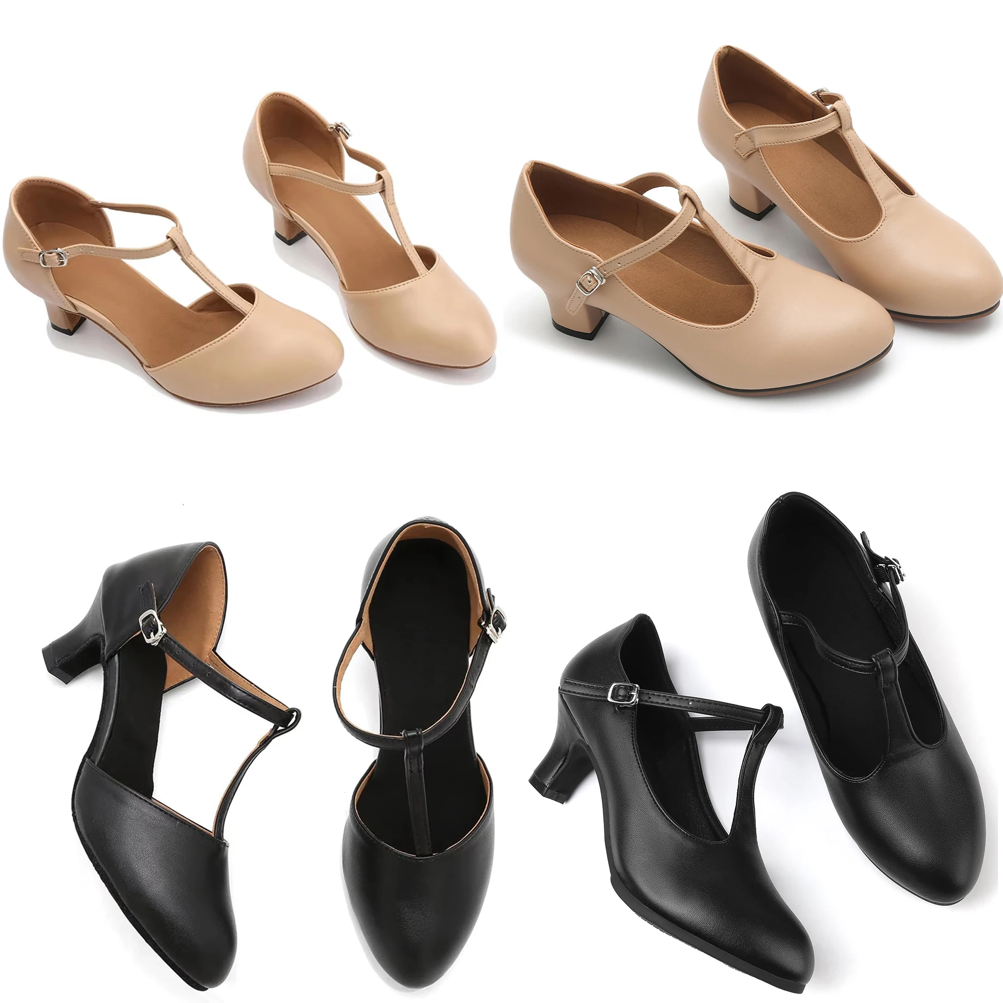 Women's T-Strap Character Dance Shoes Non-Slip Ballroom Dance Heels for Latin Salsa Tango