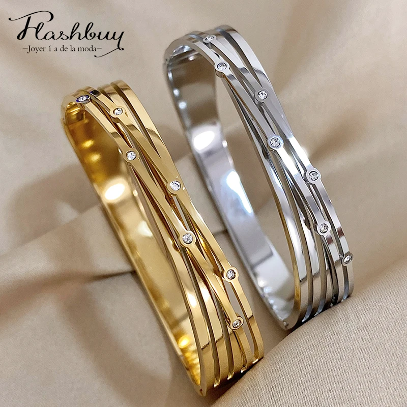 Flashbuy 316L Stainless Steel Trend Winding Intersect Bangles Bracelets for Women New Design Gold Color Waterproof Jewelry Gift