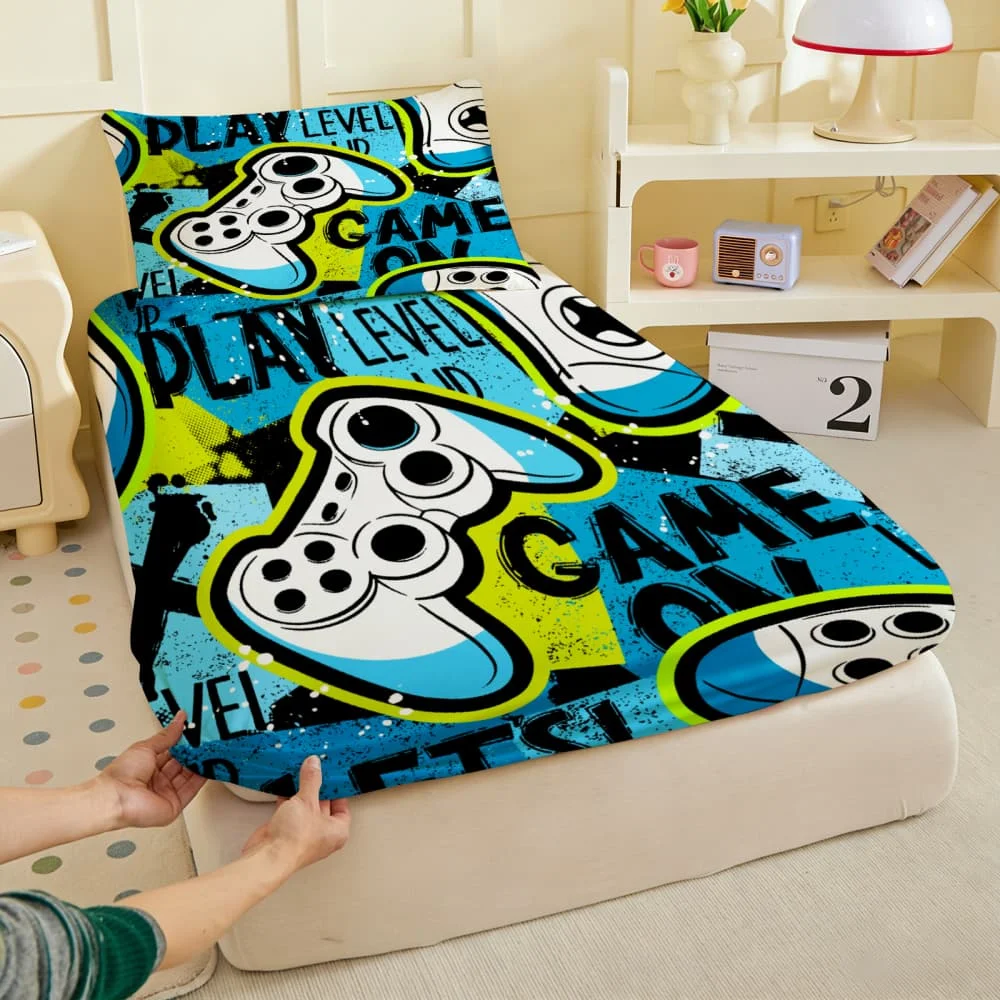 1pc Pop Art Game Controller Print Fitted Sheet Deep Pocket Elastic Mattress Cover Single Double Queen King Bedroom Decor