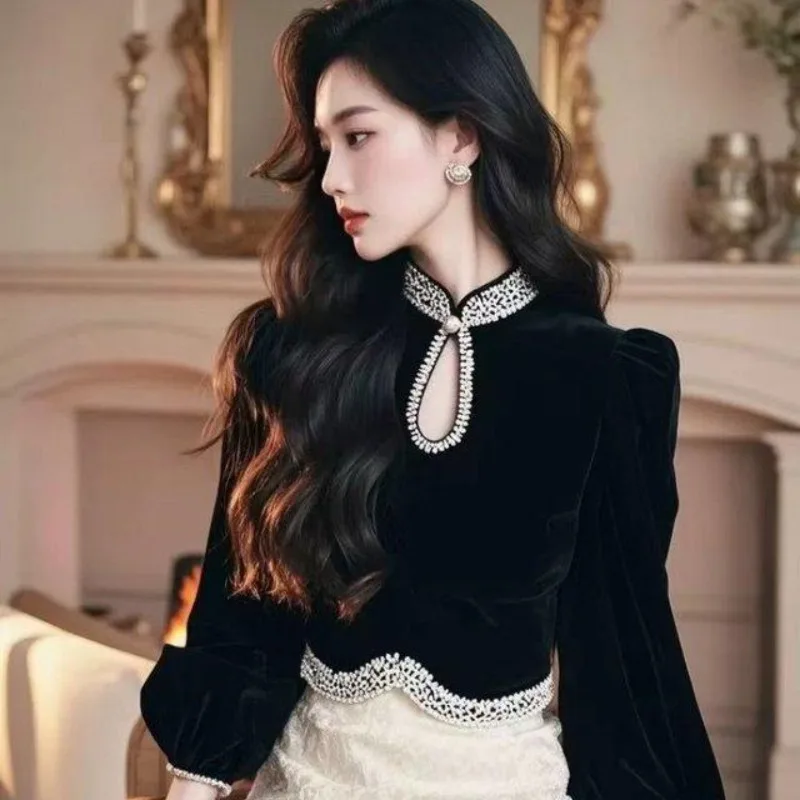Women's Autumn Spring Tops Shirts Long-sleeved T-shirts Stand-up Collar Velvet Cropped Elegant Minimalist Casual Niche Versatile