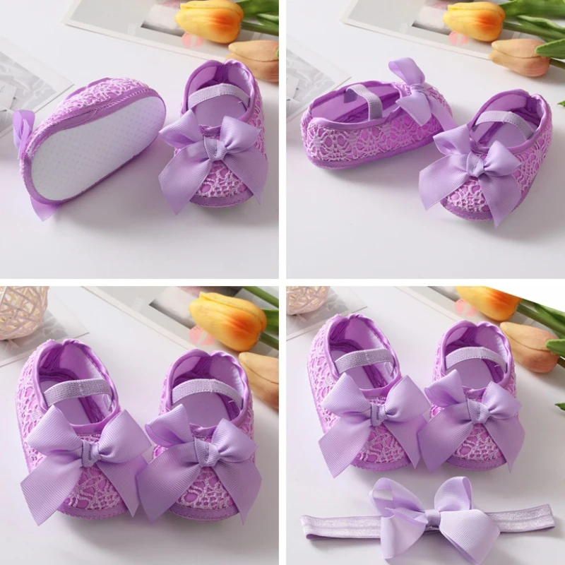 Girls Shoes +Hairband Newborn Toddlers First Walkers Baby Bowknot Princess Shoes Soft Sole Non-slip Footwear Infant Crib Shoes