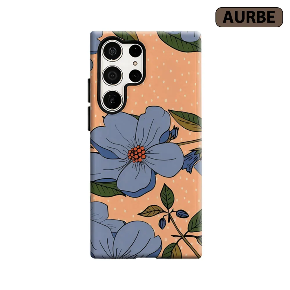 Aurbe Phone Case For Samsung Galaxy S26 S25 S24 S23 Ultra Plus HD Hard Blue Flower Polka Dot Pattern Double Layer Film Cover
