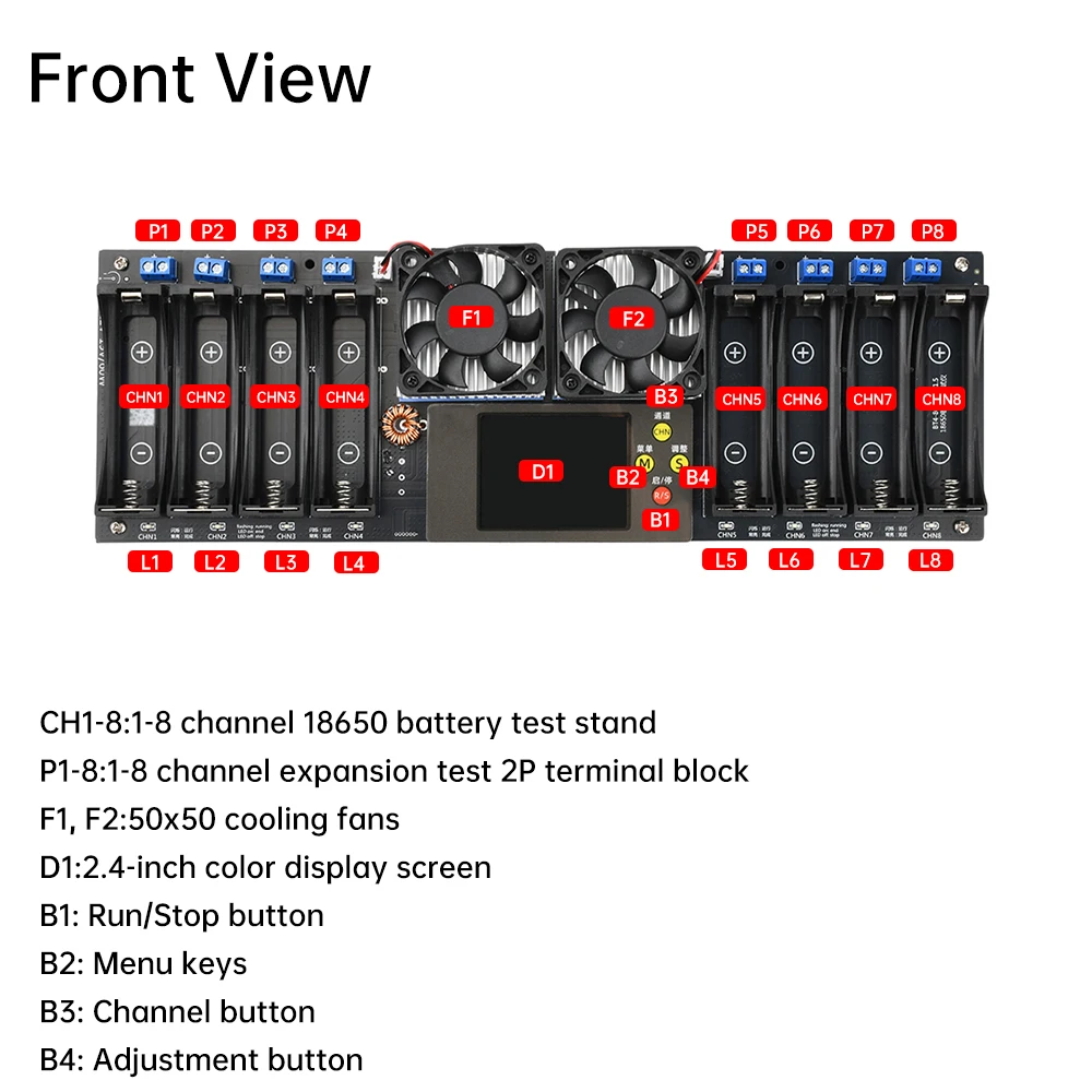

8 Channel 18650 Battery Capacity Tester DC 12-19V Automatic Charging and Discharging Module 2.4 Inch Screen