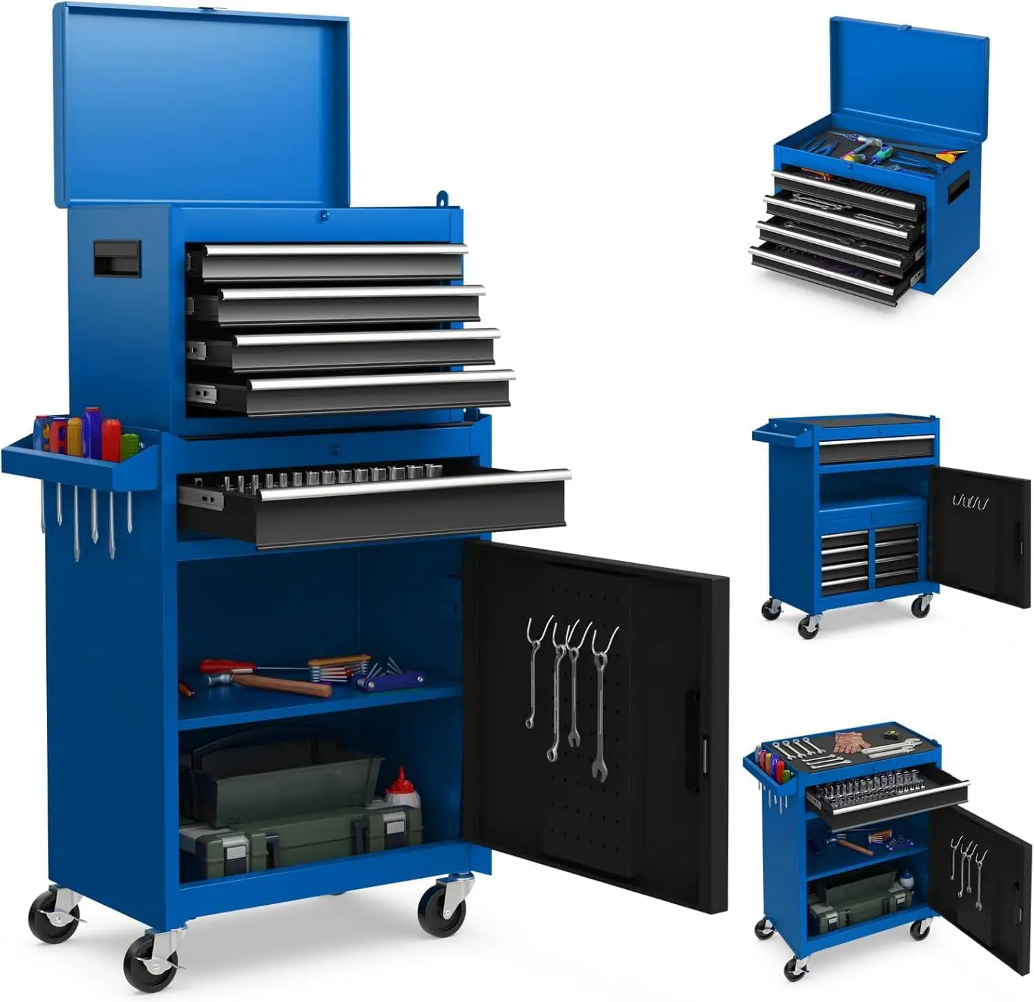 5-Drawer Metal Rolling Tool Storage Cabinet Detachable Top Toolbox with Lockable Wheels Lock Bar Protective Liner & Tool Rack for Garage Workshop Organization