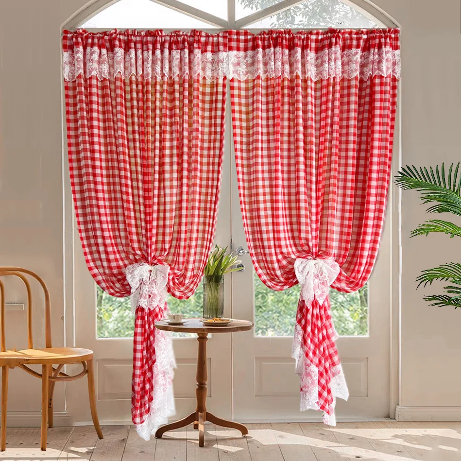 

Red Plaid Lace Curtain with Lace Ruffles French Soft Semi Sheer Curtain for Bedroom Living Room Cafe Festival Decor Party