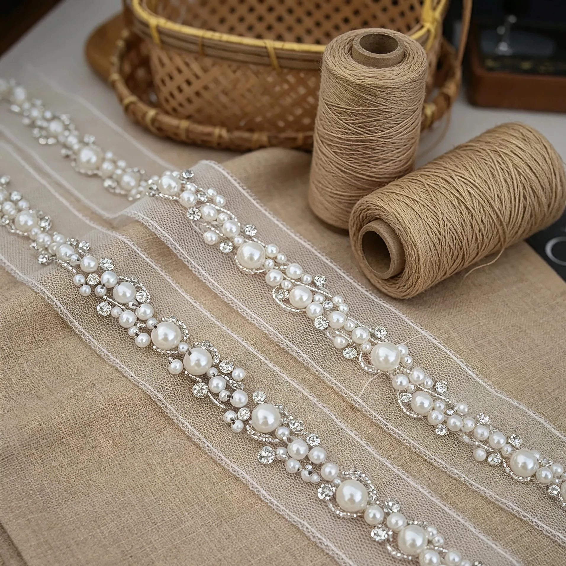 3 Yard Perlen-Wasser-Diamant-Reisperlen-Spitzenband zum Nähen, handgefertigt, DIY-Kleidungskragen, Borte, dekorative Accessoires, Spitzenbesatz