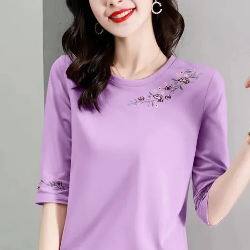 Women's Floral Embroidered 3/4 Sleeve Top Purple Crew Neck Top with Delicate Floral Embroidery on Neckline and Cuffs