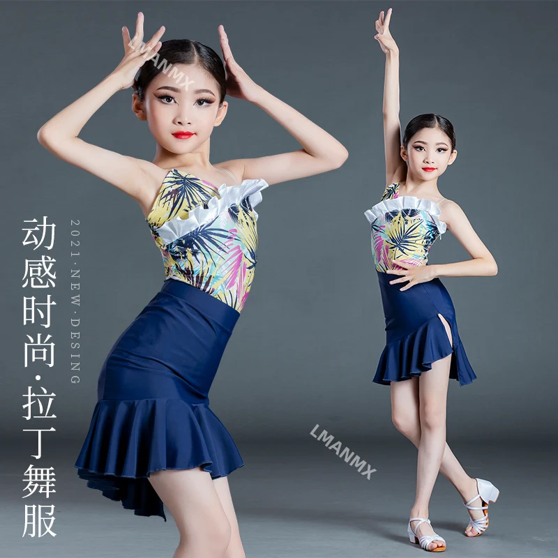 Latin Dance Practice Dress, Children's Strap Split Set Competition, Professional Performance of Dance Skirts