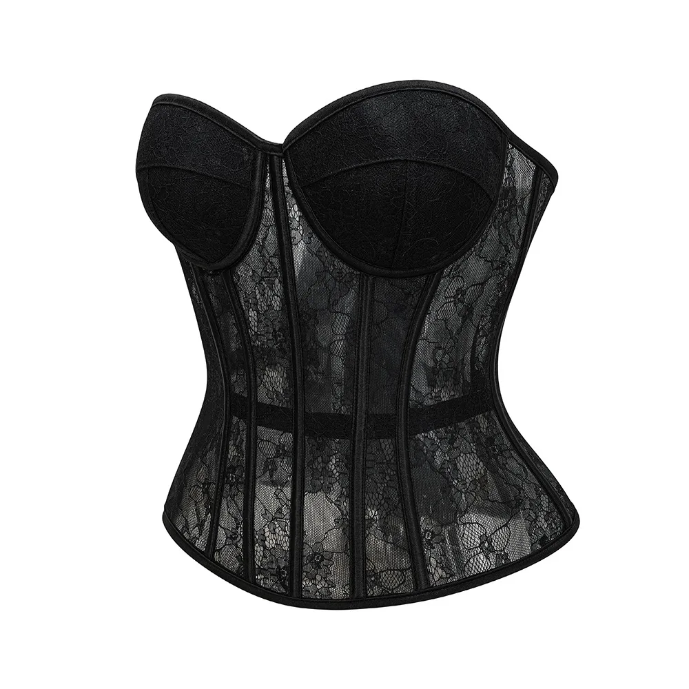 Damen Overbust-Korsett-Top Schwarz mit Blumenmuster Spitzen-Bustier Eingebaute Formkörbchen Rückenverschluss Stahlkorsett Vintage Shapewear Korsett – Detail 3