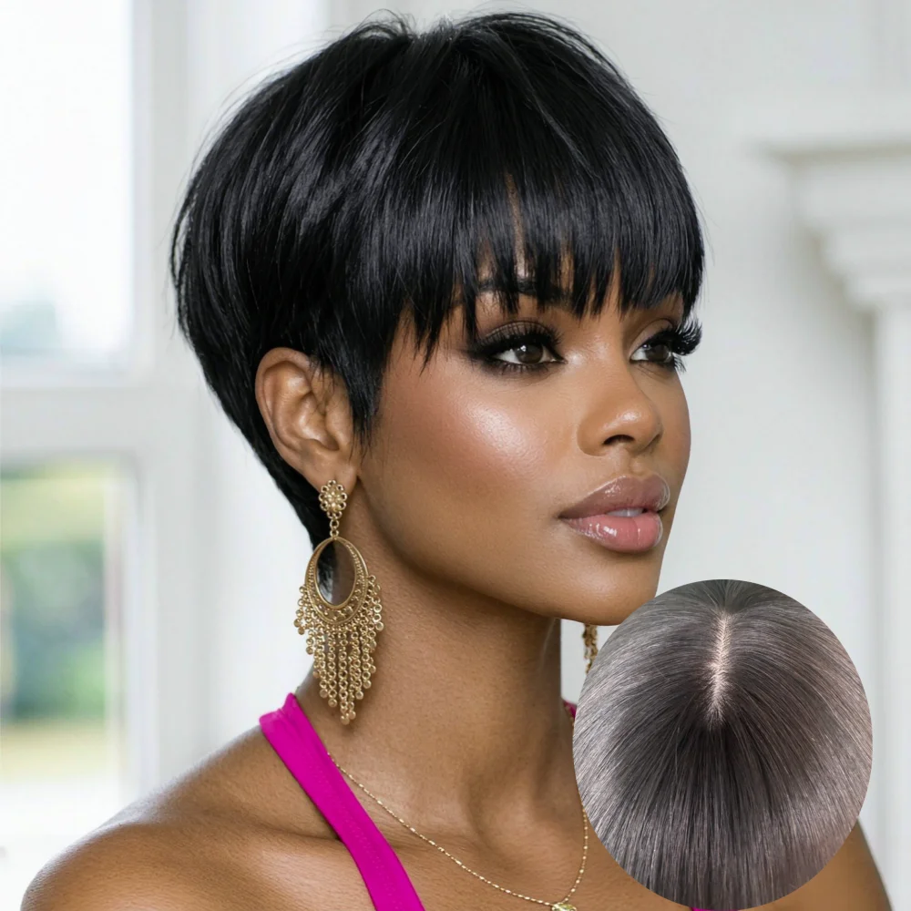 Full Machine Made Human Hair Wig Short Bob Wig With Bangs Simulation Scalp Top Natural Looking Wigs For Women Daily Wear